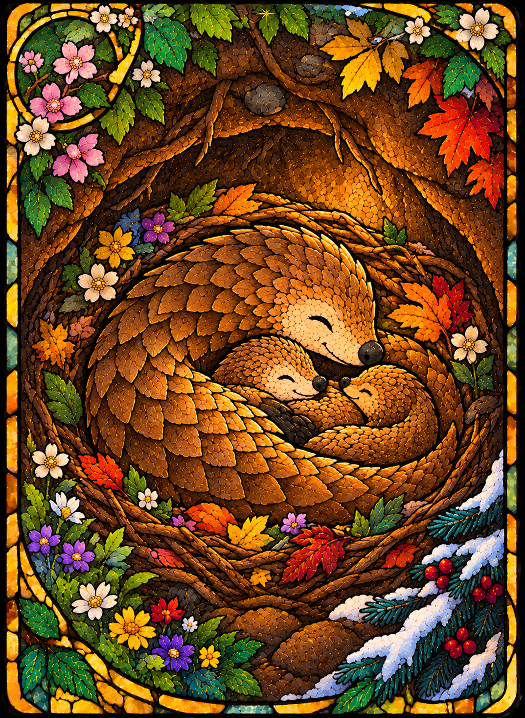 Burrow card showing a cozy family of pangolins